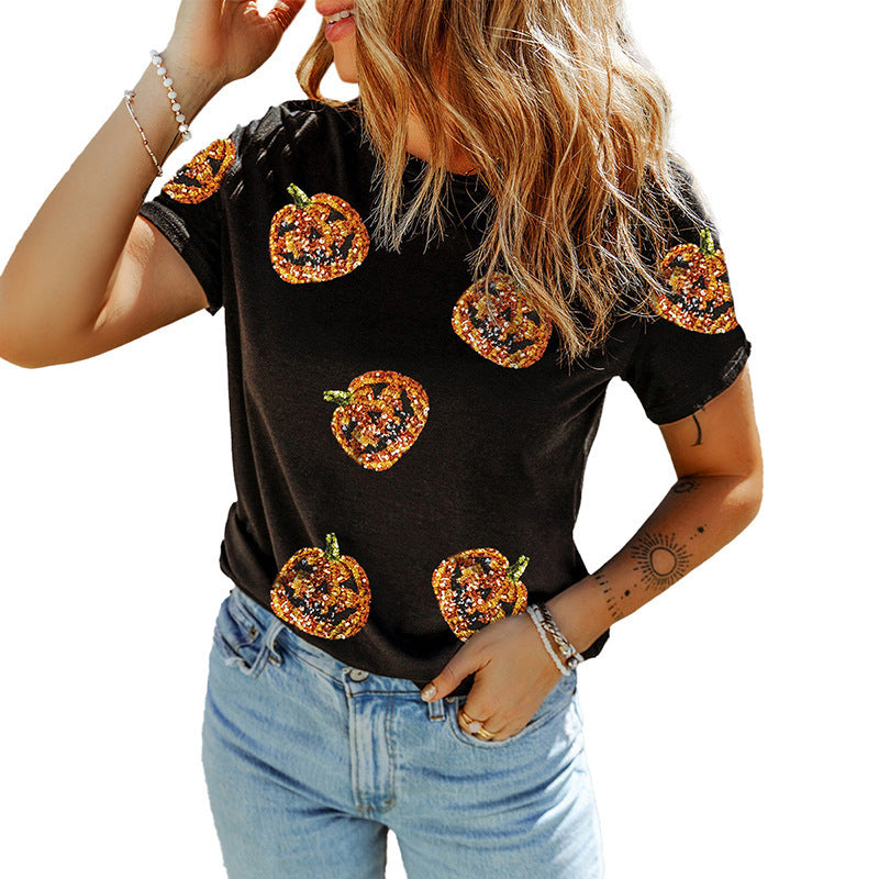 Sequin Pumpkin Halloween T-Shirt - Sparkly Jack-O'-Lantern Graphic Tee