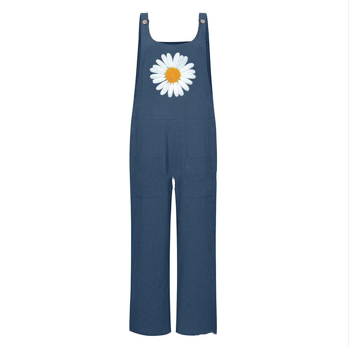 Women's Cotton-Linen Daisy Print Overalls - Casual Loose Jumpsuit with Pockets