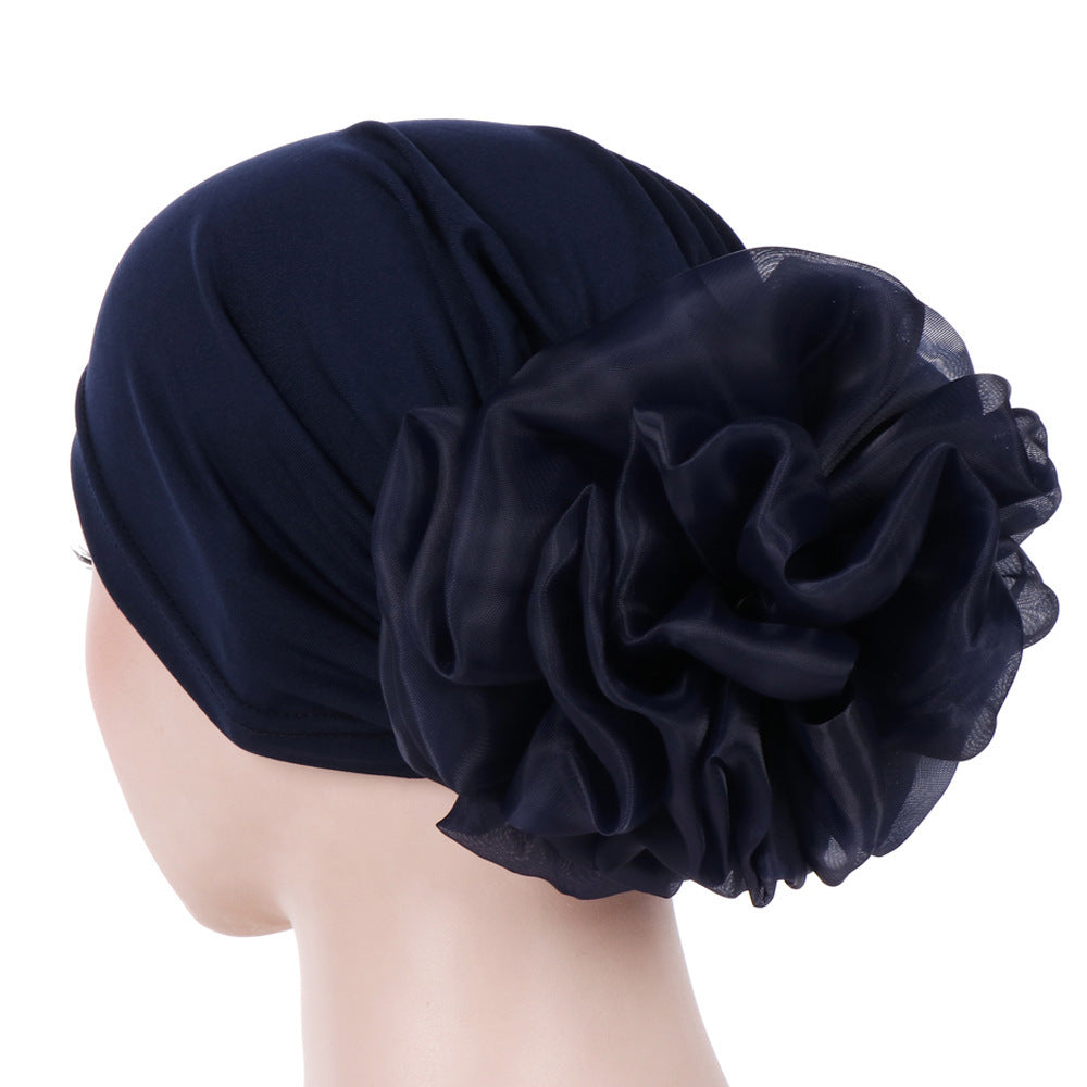 Women's Fashion Turban Hat with Large Flower Accent - Elegant Headwrap Cap