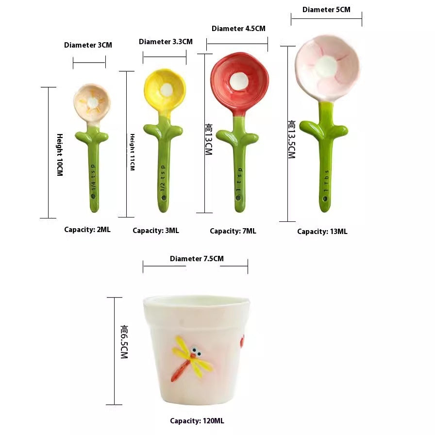 Ceramic Flower Measuring Spoon Set with Pot Holder - 4-Piece Decorative Kitchen Utensils