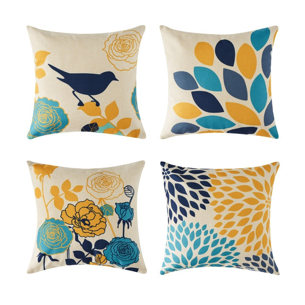 Cotton & Linen Pillow Covers with Floral and Bird Print - Decorative Cushion Cases