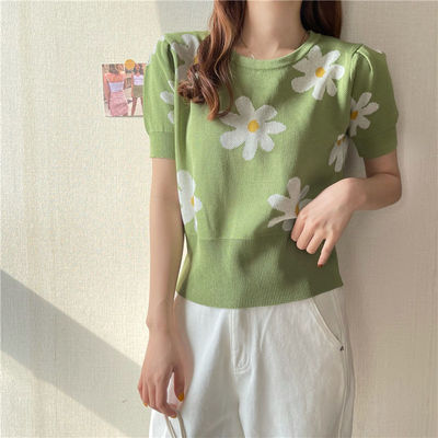 Women's Floral Jacquard Knit T-Shirt - Short Sleeve Daisy Top