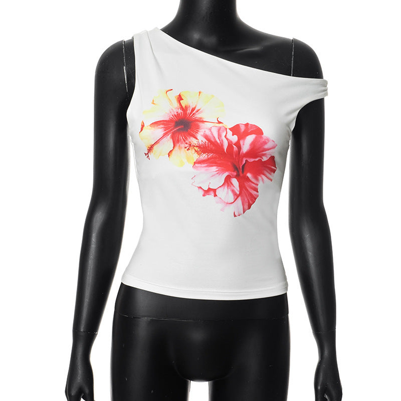 Tropical Hibiscus Off-Shoulder Flower Print Slim Fit T-Shirt