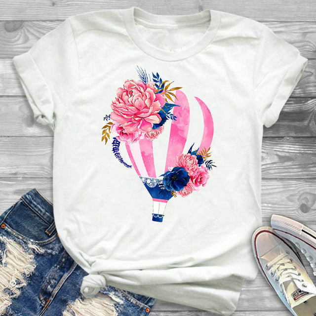 Women's Floral Hot Air Balloon Graphic T-Shirt