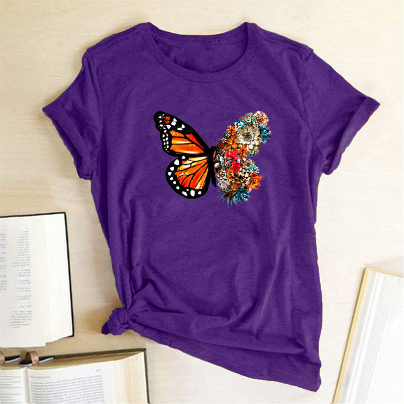 Butterfly & Wildflower Print Cotton T-Shirt - Short Sleeve Casual Tee