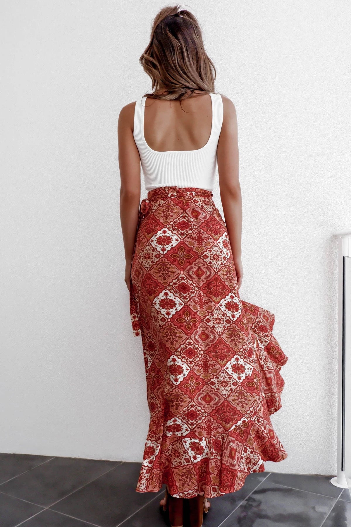 Bohemian Floral Wrap Skirt - High Waist Maxi with Ruffle Hem