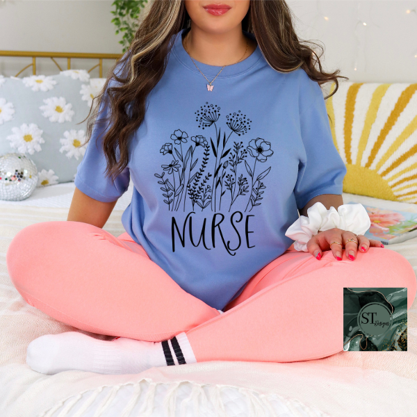 Floral Nurse black print T-Shirt-2