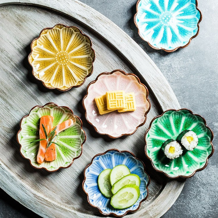 Japanese Porcelain Flower Dishes - 4" Ice-Crack Glaze Appetizer & Dessert Plates