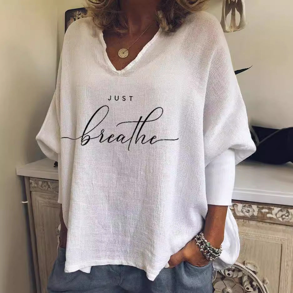 Women's V-Neck Long Sleeve Loose Top - Casual Graphic & Printed Blouse