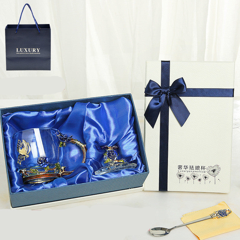 Luxury Enamel Flower Glass Teacup Set with Spoon - Gift Boxed Tea & Coffee Mug