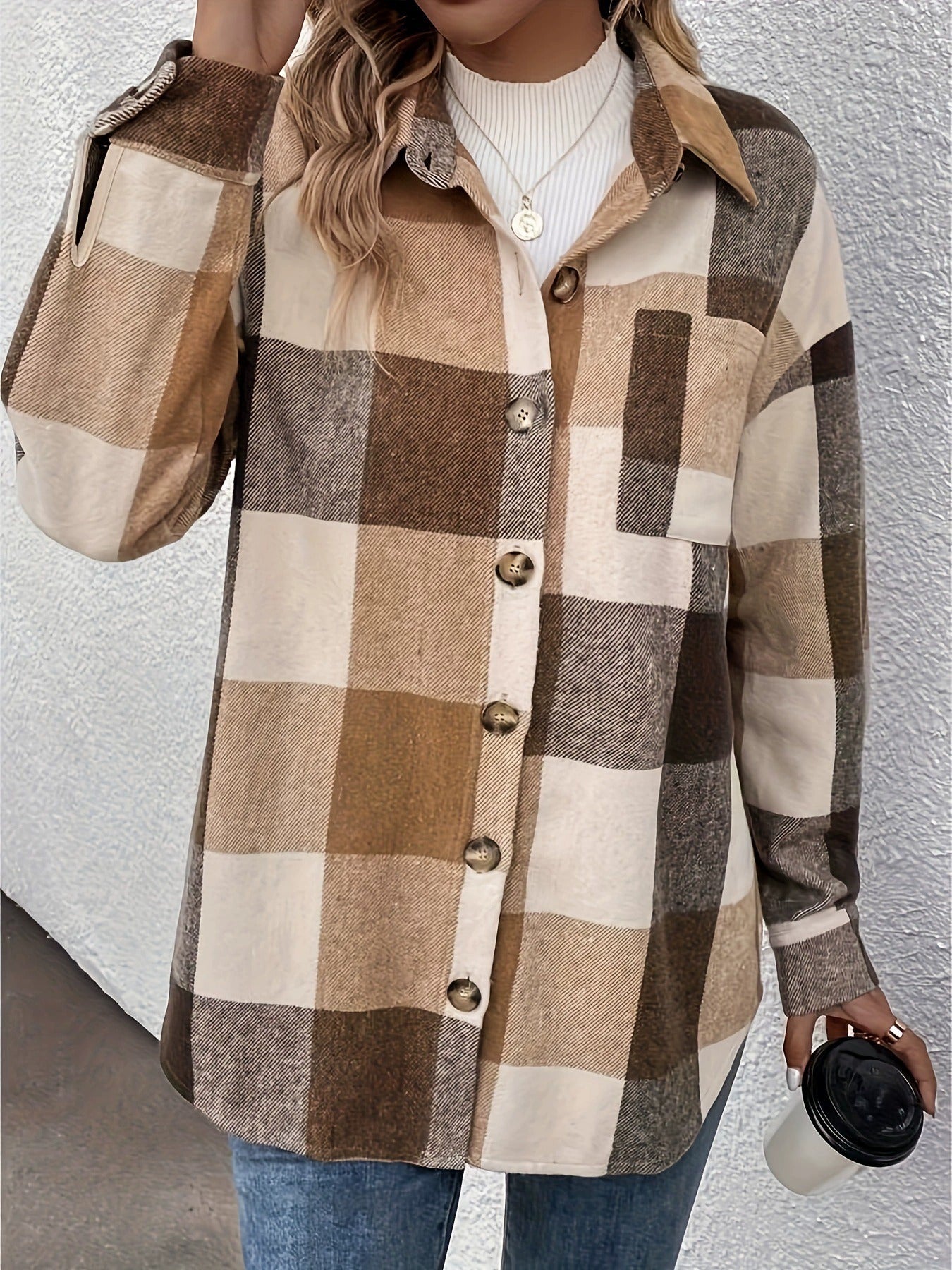 Women's Brushed Plaid Shacket - Camel Button-Up Long Sleeve Shirt Jacket