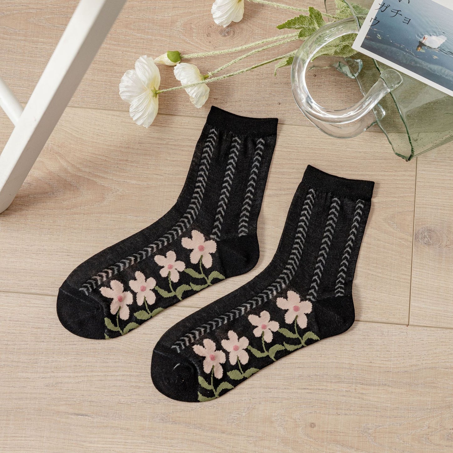 Women's Cotton Mesh Floral Socks - Breathable Casual Ankle Style