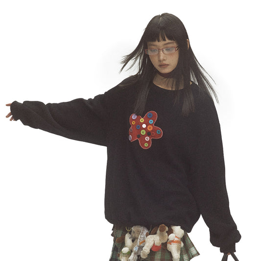 Button Flower Patch Loose Fit Round Neck Sweatshirt