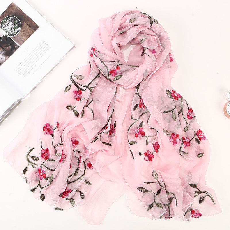 Embroidered Floral Chiffon Scarf - Lightweight Shawl & Wrap