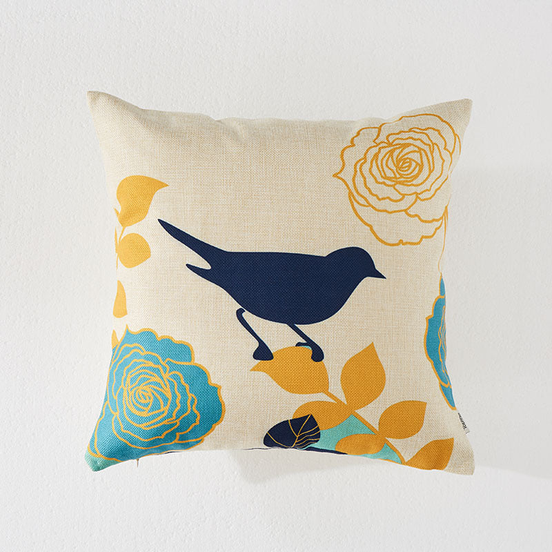 Cotton & Linen Pillow Covers with Floral and Bird Print - Decorative Cushion Cases