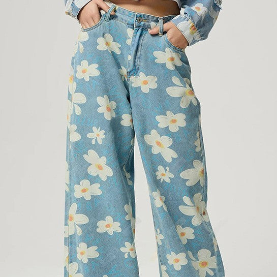 Vintage Daisy Flower Print Straight-Leg Jeans for Women