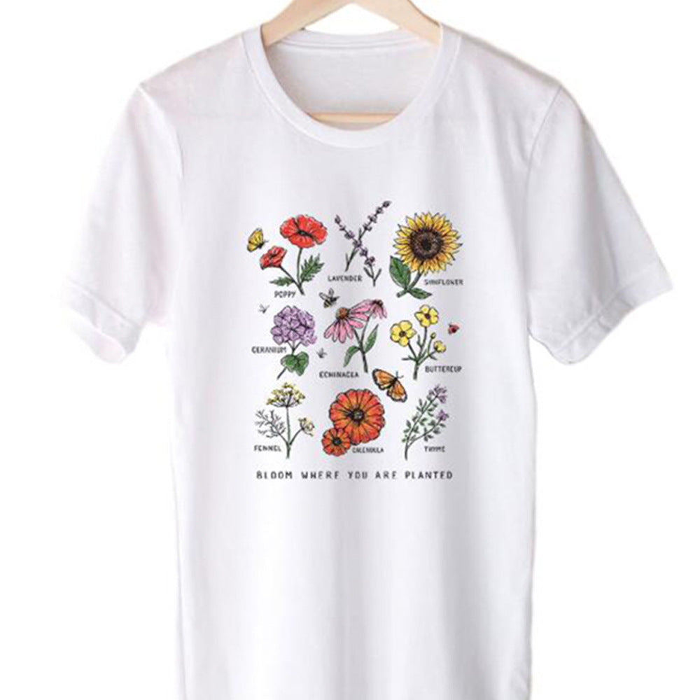 Bloom Where You Are Planted Botanical Flower Graphic Tee - Women's Cotton T-Shirt