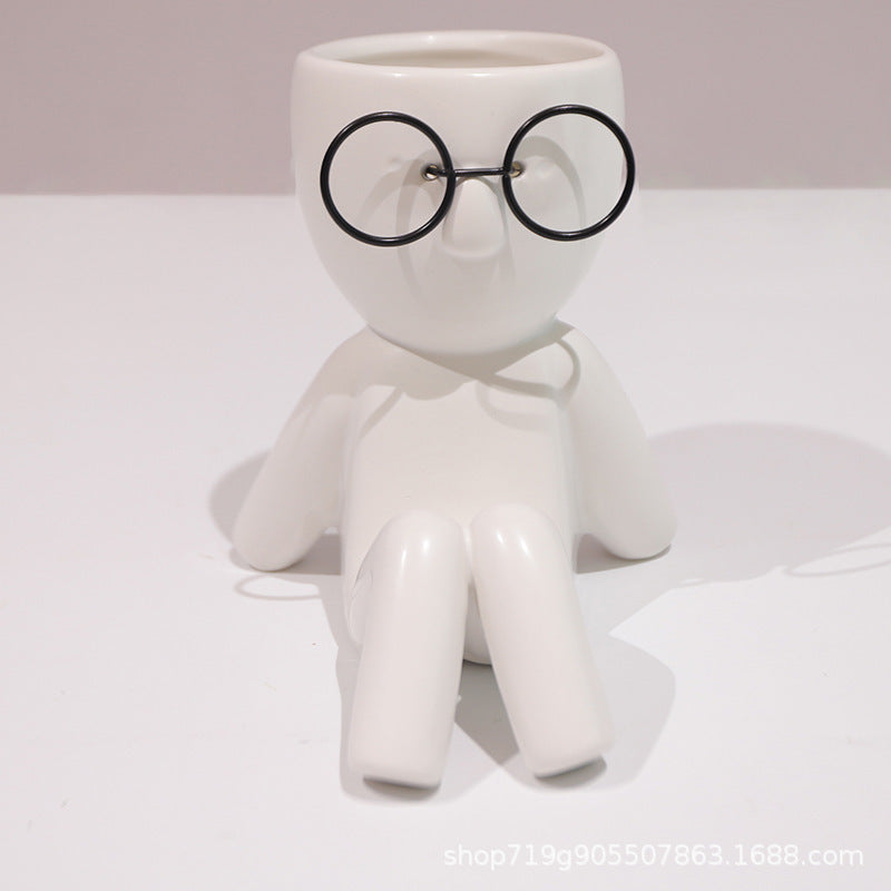 Quirky Ceramic Figure Flower Pots with Glasses - Cartoon Planters