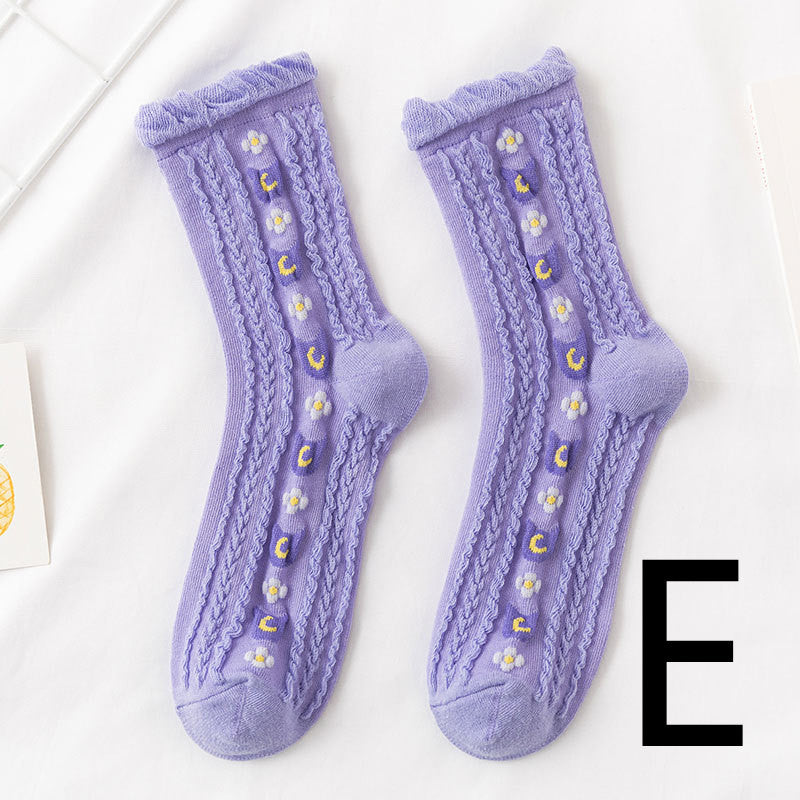 8-Pair Whimsical Floral & Patterned Cotton Sock Set - Cute Jacquard Crew Socks