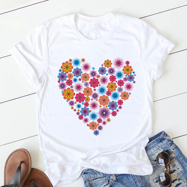 Women's Heart & Flower Print Short Sleeve T-Shirt - Casual Graphic Tee