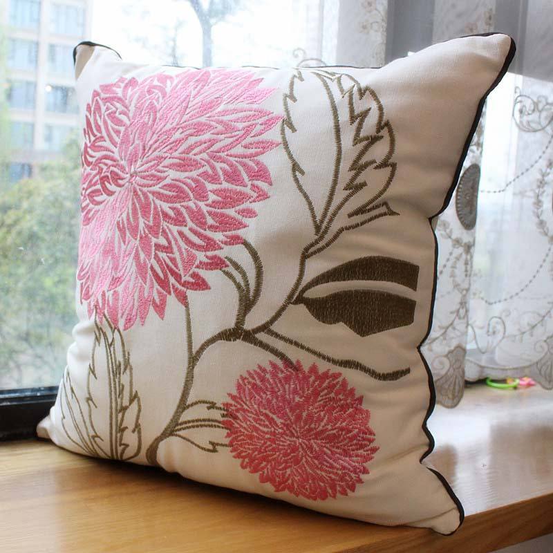 Embroidered Floral Cotton Pillow Cover - Square Decorative Cushion Case