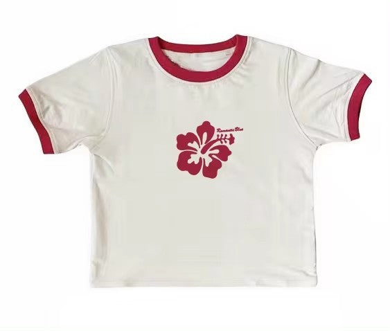 Retro Hibiscus Flower Print Short Sleeve Tee - Casual Y2K Summer Top