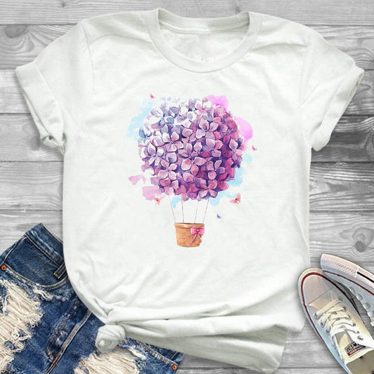 Women's Floral Hot Air Balloon Graphic T-Shirt