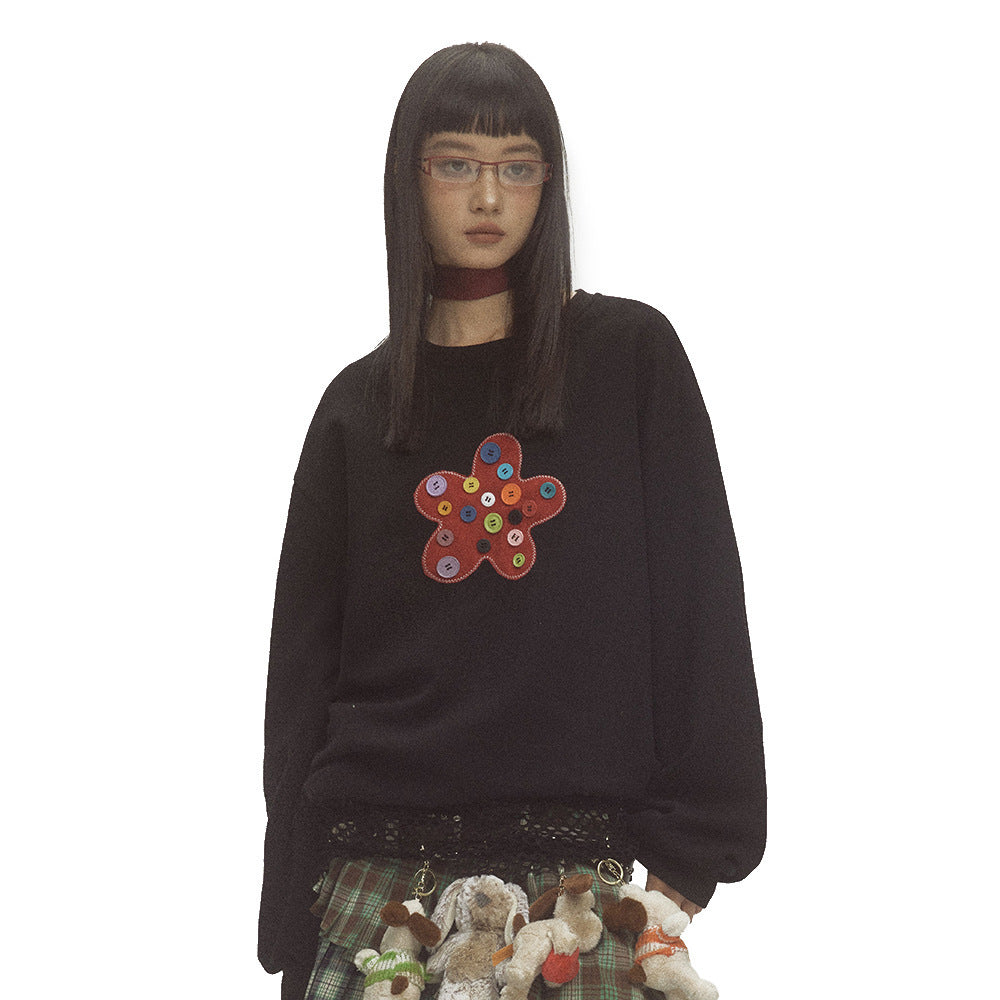 Button Flower Patch Loose Fit Round Neck Sweatshirt
