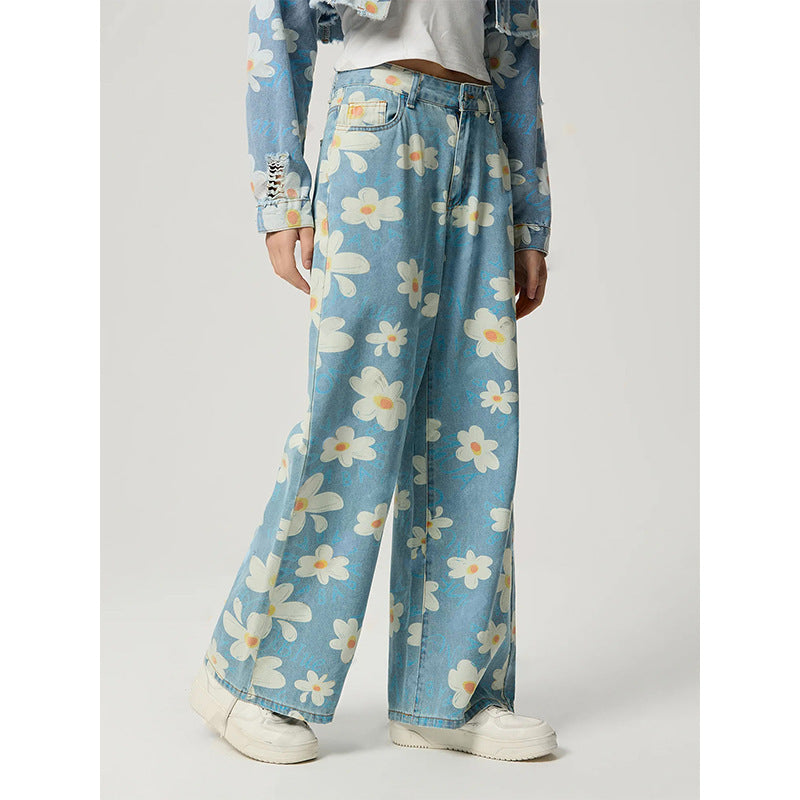 Vintage Daisy Flower Print Straight-Leg Jeans for Women
