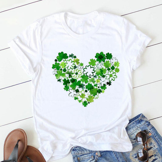 Women's Heart & Flower Print Short Sleeve T-Shirt - Casual Graphic Tee