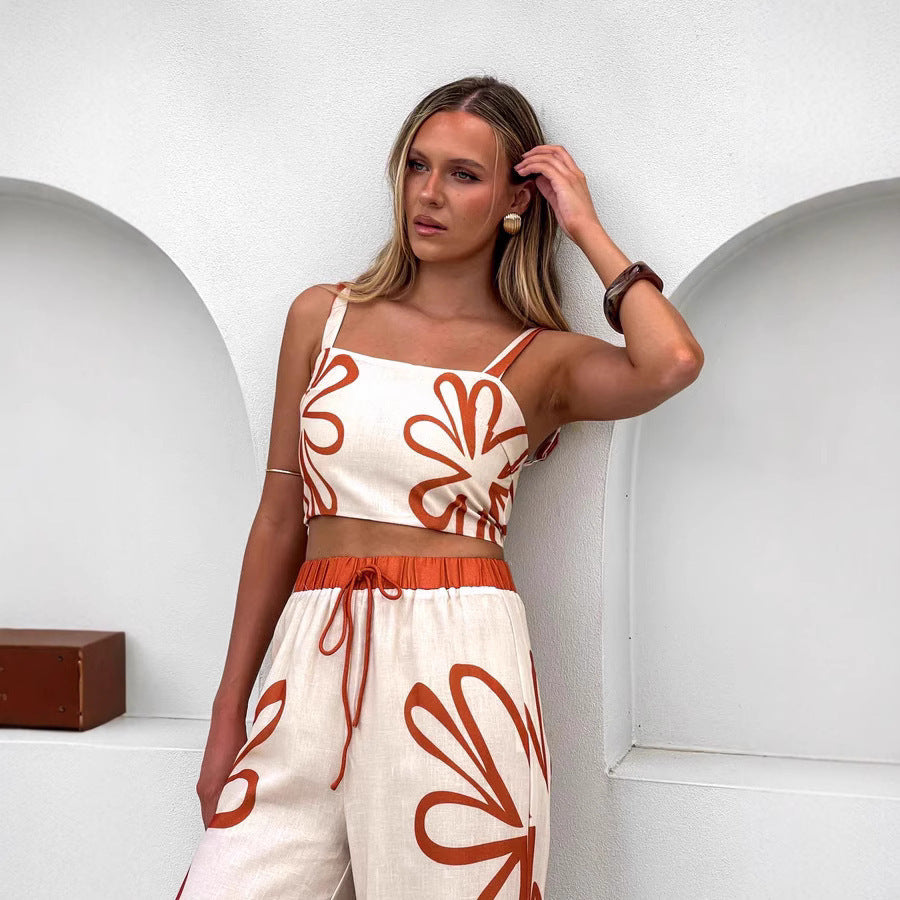 Women's Floral Wide-Leg Pants Set - Sleeveless Crop Top & Vacation Outfit