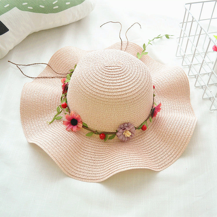 Children's Straw Sun Hat with Floral Band - Wide Brim Summer Hat