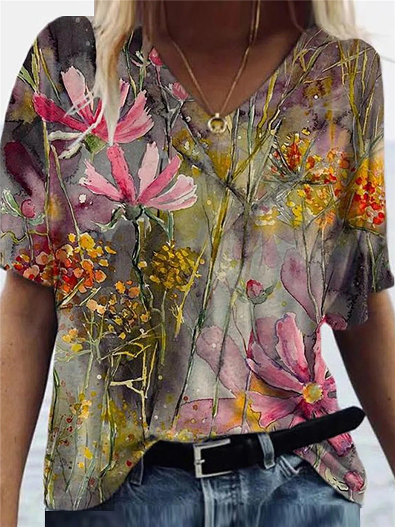Women's Floral V-Neck Short Sleeve Top - Loose Fit Cotton Tee