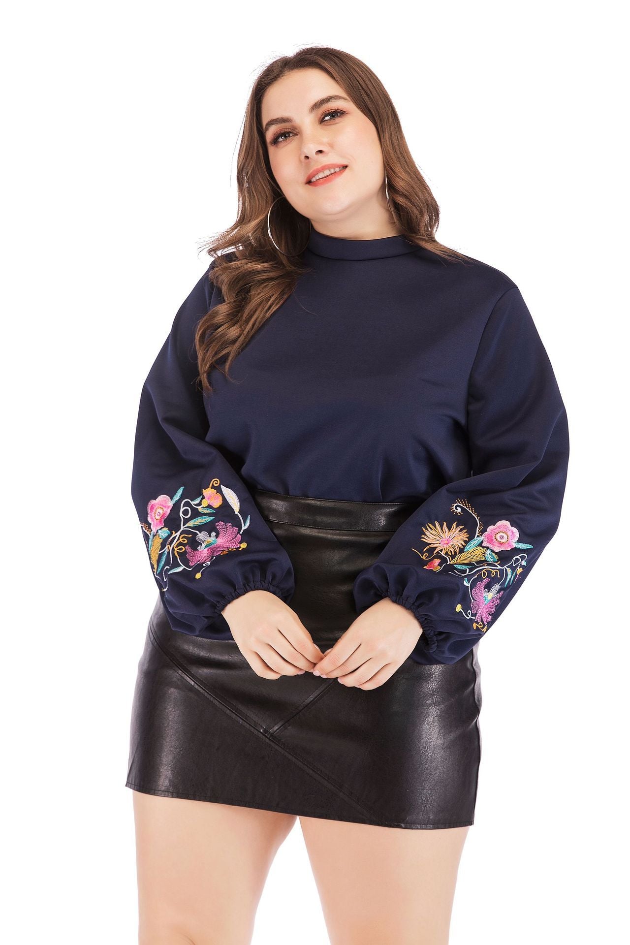 Navy Long Sleeve Top with Embroidered Floral Sleeves - Plus Size Pullover