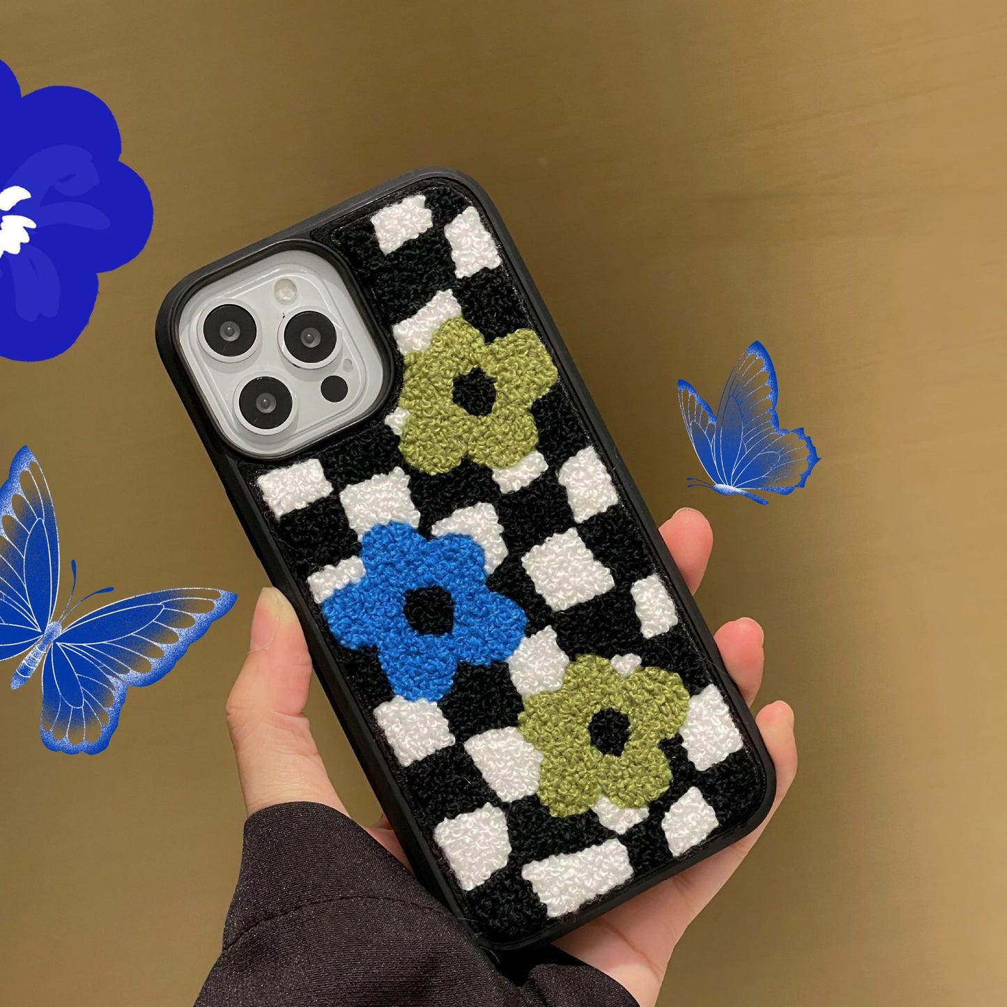 Checkerboard Floral iPhone Case - Retro Grid Silicone Cover