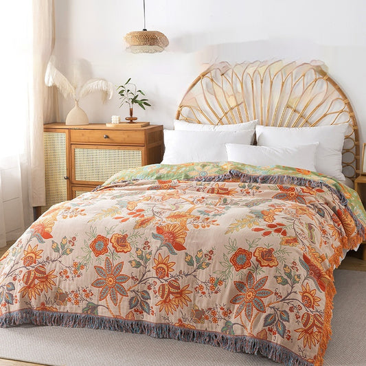Bohemian Floral Cotton Tassel Blanket - Double-Sided Sofa Throw & Bedspread