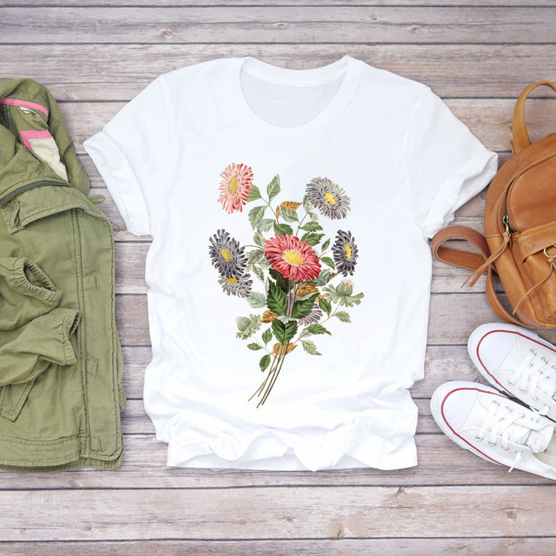 Women's Floral Print White Short Sleeve T-Shirt - Casual Summer Top