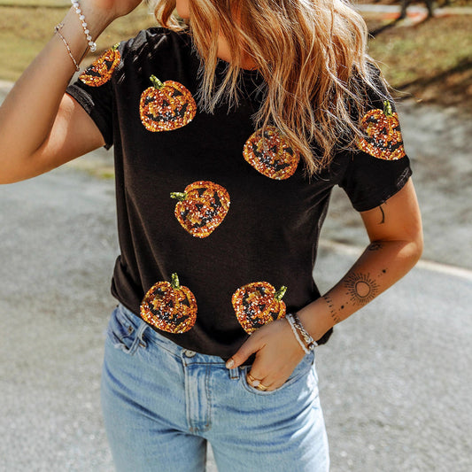 Sequin Pumpkin Halloween T-Shirt - Sparkly Jack-O'-Lantern Graphic Tee