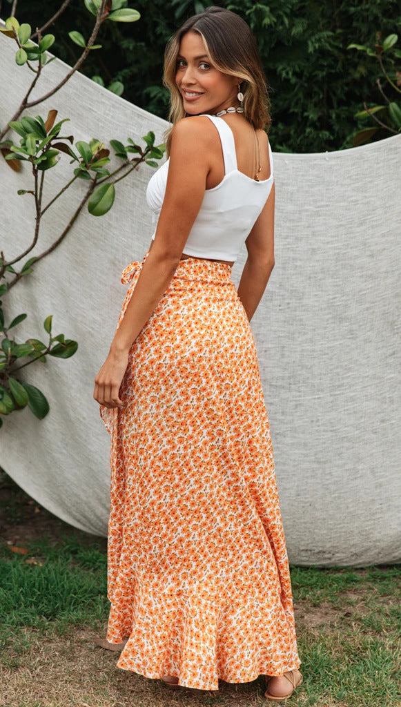 Bohemian Floral Wrap Skirt - High Waist Maxi with Ruffle Hem