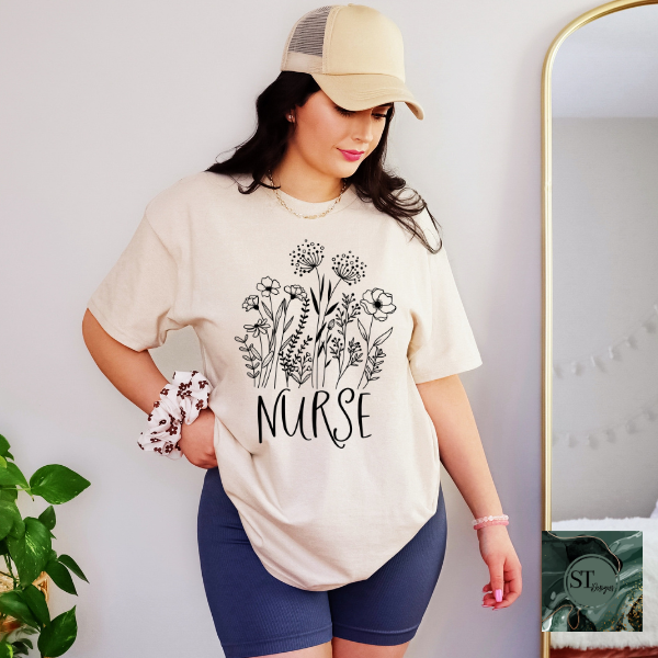 Floral Nurse black print T-Shirt-3
