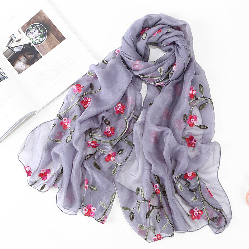 Embroidered Floral Chiffon Scarf - Lightweight Shawl & Wrap