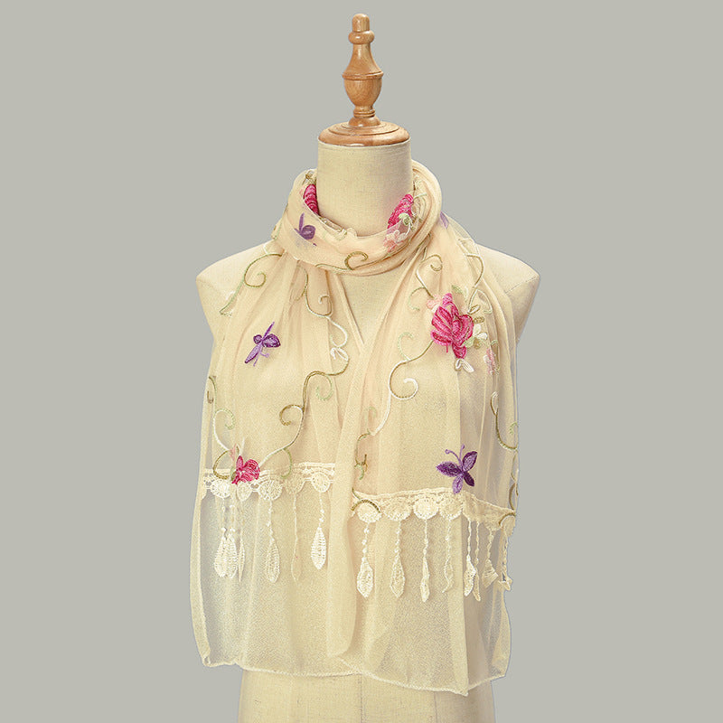 Embroidered Floral Tassel Scarf - Lightweight Double-Layer Wrap for Women