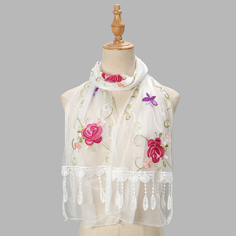 Embroidered Floral Tassel Scarf - Lightweight Double-Layer Wrap for Women