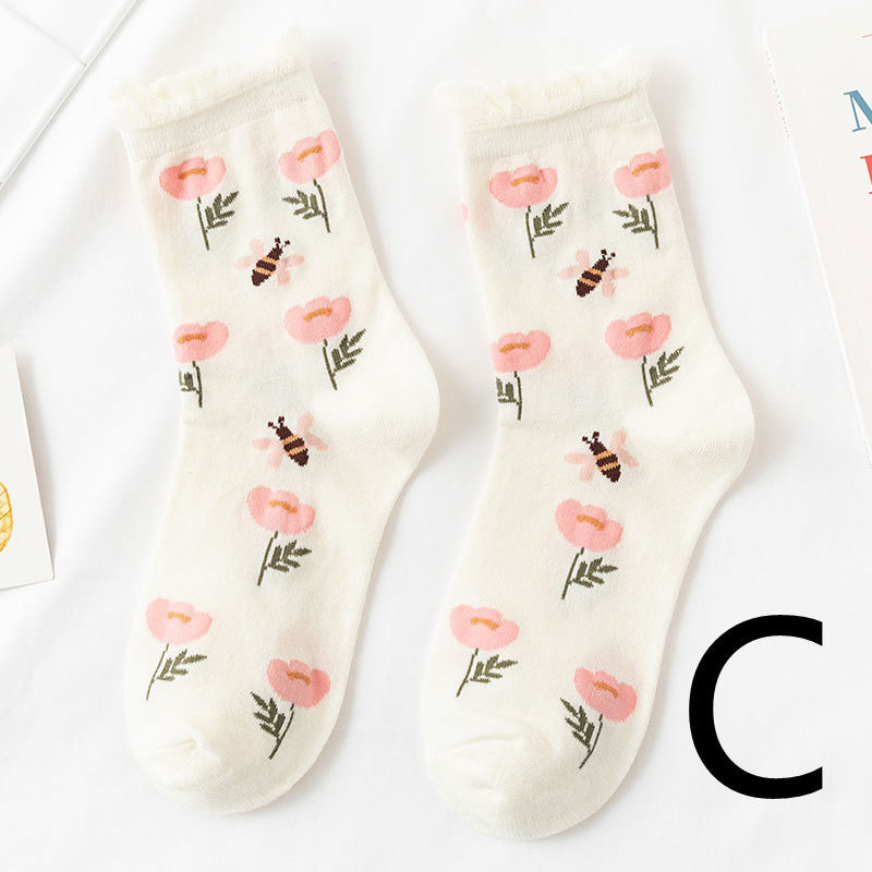 8-Pair Whimsical Floral & Patterned Cotton Sock Set - Cute Jacquard Crew Socks