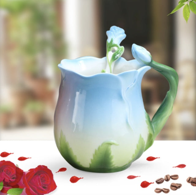 Flower Shaped Porcelain Coffee Mug - Enamel Rose Tea Cup with Spoon