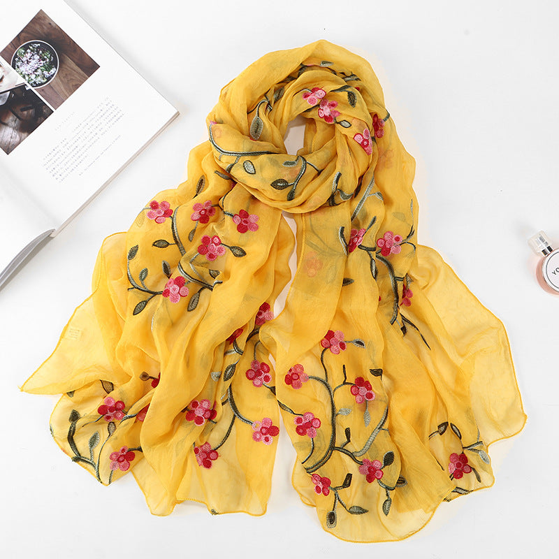 Embroidered Floral Chiffon Scarf - Lightweight Shawl & Wrap