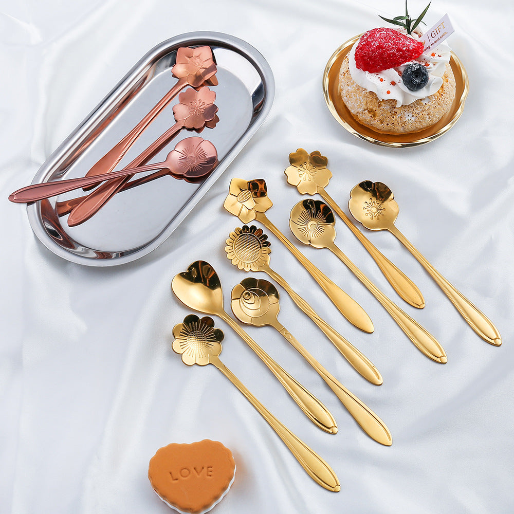 8-Piece Gold-Plated Flower Coffee Spoon Set - Stainless Steel Teaspoons