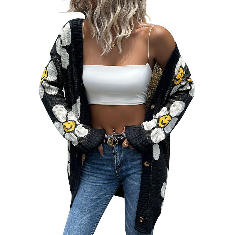 Women's Daisy Print Long Sleeve Cardigan Sweater