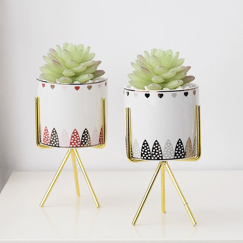 Modern Ceramic Flower Pot with Gold Stand - Nordic Style Planter