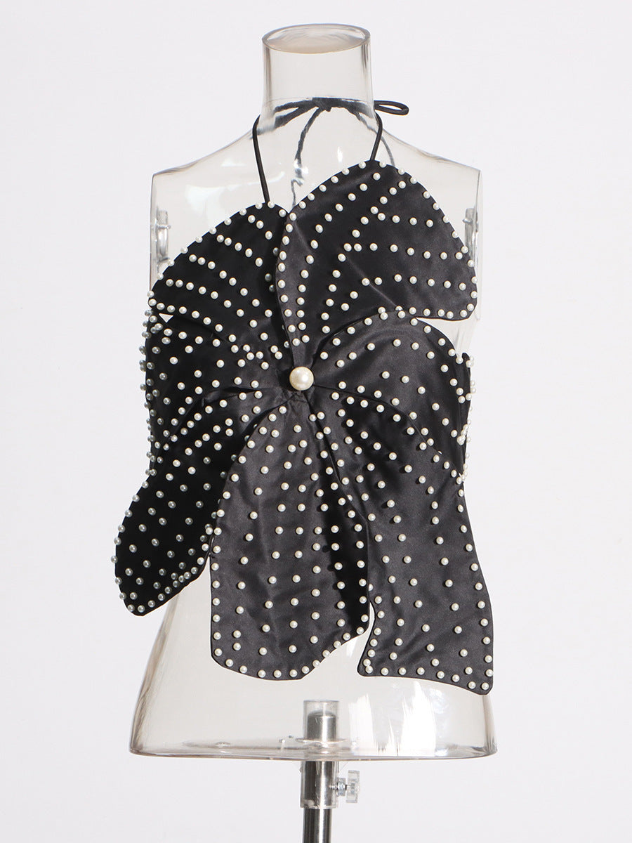 Beaded Flower Tube Top - Pearl Embellished Strapless Statement Top